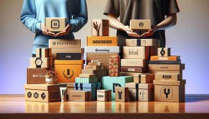 Create in HD quality, a realistic image showcasing the uprising trend in the modern consumer culture: subscription boxes. Showcase various types of subscription boxes such as grooming, fitness, food and book boxes, neatly stacked on a polished wooden table, against a minimalist backdrop. Capture the diversity of these boxes through varying colors, sizes, and logos. Make sure to also include hands of a Caucasian woman and a Middle-Eastern man in the frame, each holding one box, to symbolize their active participation in this consumer trend.