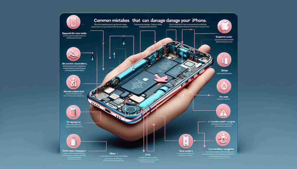 A detailed and realistic high-definition infographic that illustrates common mistakes that can damage your iPhone. This guide would show visual representations of the iPhone with arrows pointing to areas prone to damage if mishandled, such as exposing it to water, dropping it, or using non-standard chargers. It would also highlight tips for proper care, like using a case, the importance of regular software updates, and good battery charging practices.