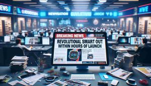 A realistic, high-definition photograph of a breaking news headline. On the screen, bold letters announce, 'Revolutionary Smartwatch Sells Out Within Hours of Launch'. The screen is from a prominent news website, rich in vivid colors and intricate details. The background suggests a busy newsroom with editors and journalists at work, emphasizing the urgency and importance of the news. Hints of technology are visible around the room, like computers, iPads, and other gadgets used for work. There is a sense of excitement and hustle-bustle captured in the image, portraying the frenzy that follows such significant events.