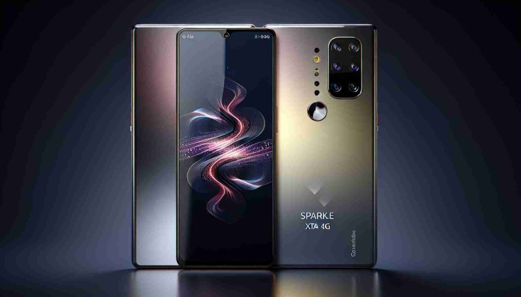 Generate a highly detailed and realistic image of a hypothetical smartphone called the Sparkle XTA 4G. The design should portray a sense of affordable elegance, with sleek contours, a shiny glass screen, and perhaps a hint of innovative technology. Flaunt its features artistically, maybe a striking camera set up at the back, and a high resolution, notch-less display. Its overall color scheme should be a balance of refined metallic hues with a touch of sparkle, reflecting its name 'Sparkle XTA 4G'. Significance should be given to the branding and model name clearly visible on the device.