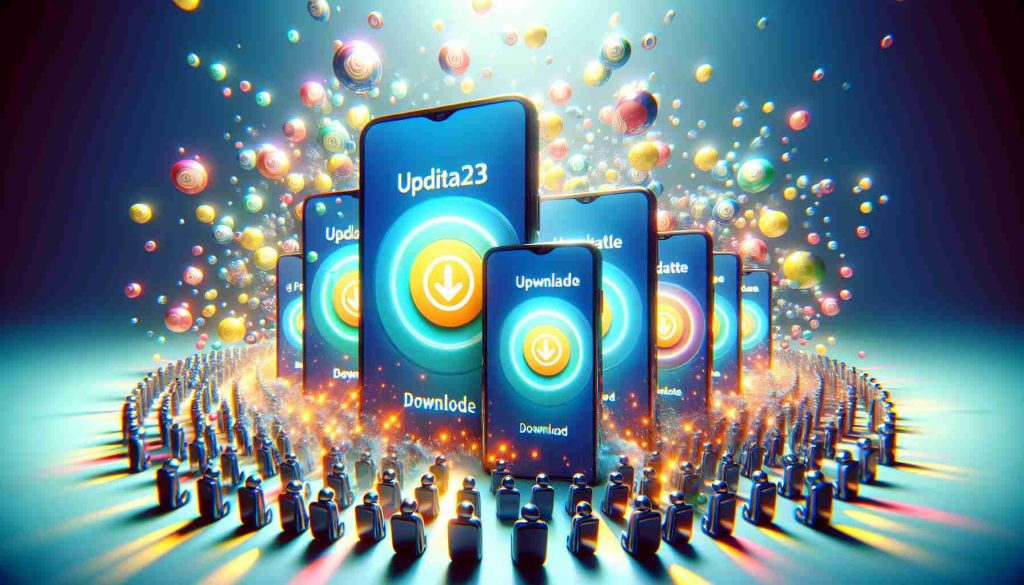 High definition, realistic image illustrating an abstract concept of exciting updates being released for a range of generic smartphone devices. The scene should portray a few smartphones with a vibrant display, perhaps showcasing the download or installation icon, indicating the arrival of new updates. Capture the anticipation and excitement associated with this moment.