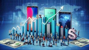 A realistic high-definition composition showcasing the surge in average selling price in the global smartphone market. Depict a rising graph signifying the price hike, flanked by illustrations of different types of smartphones. Display different world currencies and show a blend of people from various descents happily using their smartphones.