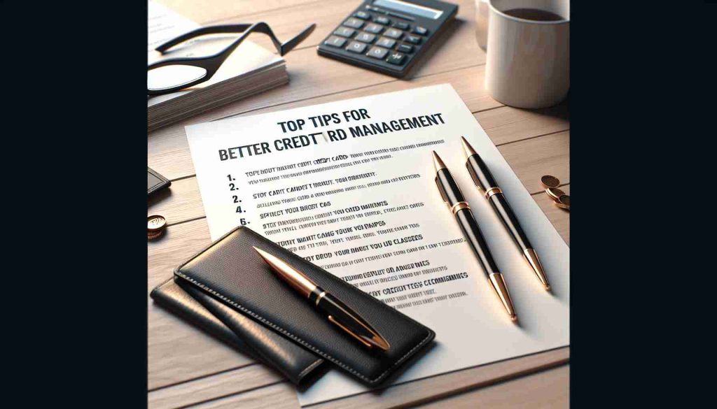 High-definition, realistic representation of a list titled 'Top Tips for Better Credit Card Management'. The list should be on a neat desk, in bold and legible writing, possibly on a whiteboard or a piece of paper. The environment should imply a professional financial advisor's office. It should include items such as a stylish pen, a calculator, and perhaps some glasses, to signify the thoughtful consideration of these tips. Please do not incorporate any specific persons in the image.