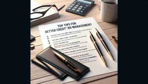 High-definition, realistic representation of a list titled 'Top Tips for Better Credit Card Management'. The list should be on a neat desk, in bold and legible writing, possibly on a whiteboard or a piece of paper. The environment should imply a professional financial advisor's office. It should include items such as a stylish pen, a calculator, and perhaps some glasses, to signify the thoughtful consideration of these tips. Please do not incorporate any specific persons in the image.