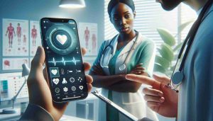 Create a high-definition, photorealistic image illustrating the concept of understanding the impact of mobile health apps on healthcare. Picture this: On one side show a digital smartphone screen displaying a sophisticated health tracking app, while on the other side, a male South Asian doctor and a female Black nurse are discussing the data, eyeing the screen. Integrate symbols like heart rate, exercise tracking, and reminders for medication to make it clear that it's a health-focused app. Also, include elements such as a hospital or a clinic background to make the healthcare setting evident.