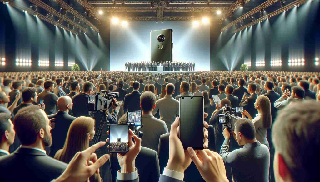 High-definition, photo-realistic image of the announcement event for the launch of a new cutting-edge smartphone dubbed 'StellarTech X1'. This scene captures the excited reactions from the crowd. People of varying genders and descents are seen, some holding the smartphone in their hands, inspecting its sleek design and modern features. News reporters are also present, spreading the word about this significant event. Please incorporate a grand stage with a large screen displaying the smartphone's details and an enthusiastic presenter unveiling the technology milestone. Emphasize the atmosphere of innovation and excitement that typically surrounds a major tech launch.