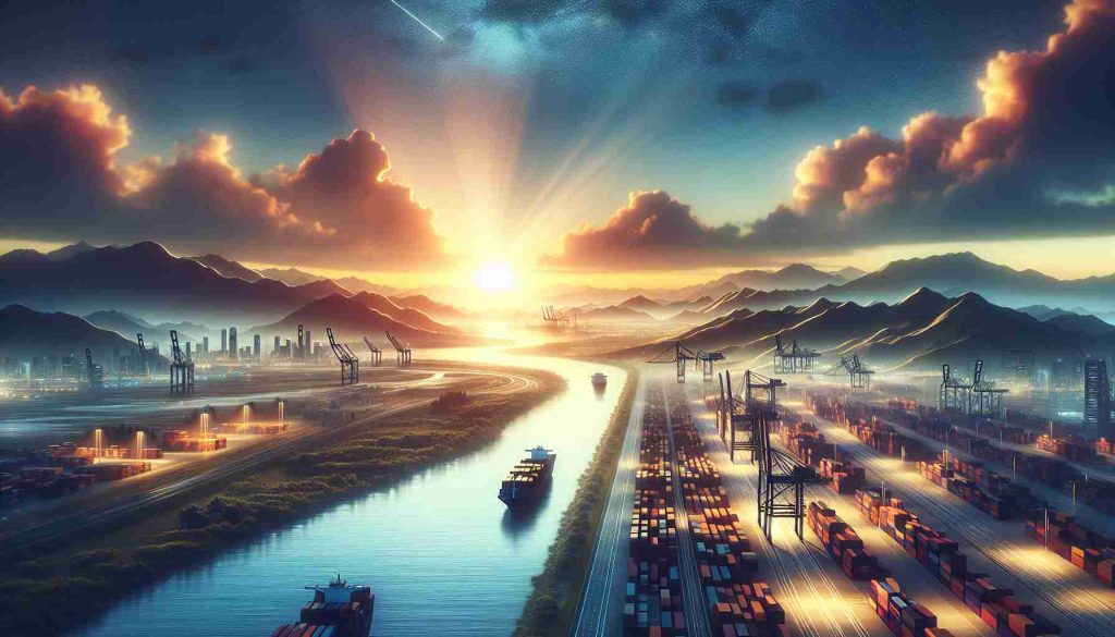 An HD photo that depicts the concept of 'expanding horizons' and 'potential growth amid trade challenges'. This could include an open landscape with a rising sun to symbolize new opportunities and growth. The foreground might contain common symbols of trade such as a docks filled with shipping containers indicating the ongoing challenges. The lighting and colors of the image would add to the realistic feel, with the smooth gradients of the morning sky and the harsh, industrial colors at the docks.