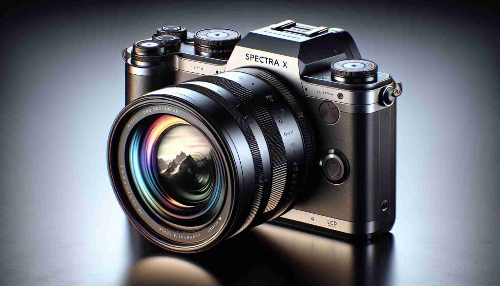 Imagine an advanced digital camera named Spectra X. This masterpiece of electronics is designed with a sleek, compact body that blends modernity with elegance. The lens is detailed, incorporating hints of finesse in its design, capturing the essence of cutting-edge technology. Its body reflects a sense of robustness, and the buttons and dials are carefully placed for ease of use. The LCD screen on the back showcases an image of a staggering mountainscape, highlighting the camera's excellent resolution capabilities. The words 'Spectra X: Your Ultimate Photography Companion' is inscribed subtly near the edge of the camera.