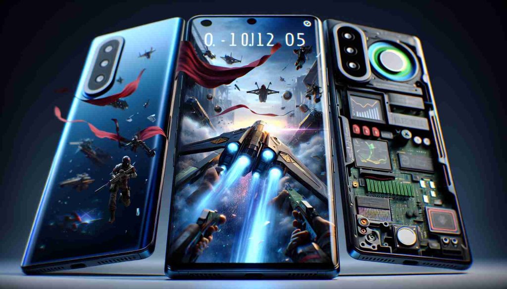 Render a hyper-realistic, high-definition image of a newly introduced gaming smartphone with groundbreaking functionalities. The smartphone should possess a distinctive, vanguard aesthetic that embodies the spirit of revolution. It should boast an array of gaming-centered features, including but not limited to: high-refresh-rate screen for silky smooth gameplay visuals, dedicated gaming control elements integrated into the hardware, exceptional sound quality for immersive gaming experiences, and superior battery life tailored to the needs of gaming enthusiasts. The image should exude a sense of novelty and excitement, thus capturing the unveiling of the phone.