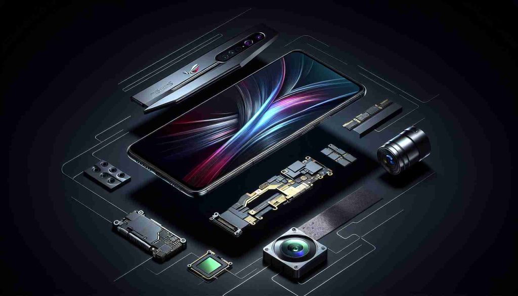 A highly detailed and realistic depiction of the upcoming Asus ROG Phone X. The image should emphasis the exciting new features of the phone, such as its sleek design, high resolution screen, and advanced camera system. Capture the excitement and anticipation surrounding this new phone's launch. The elements should be carefully arranged to guide the viewer's eye towards the phone's innovative details.