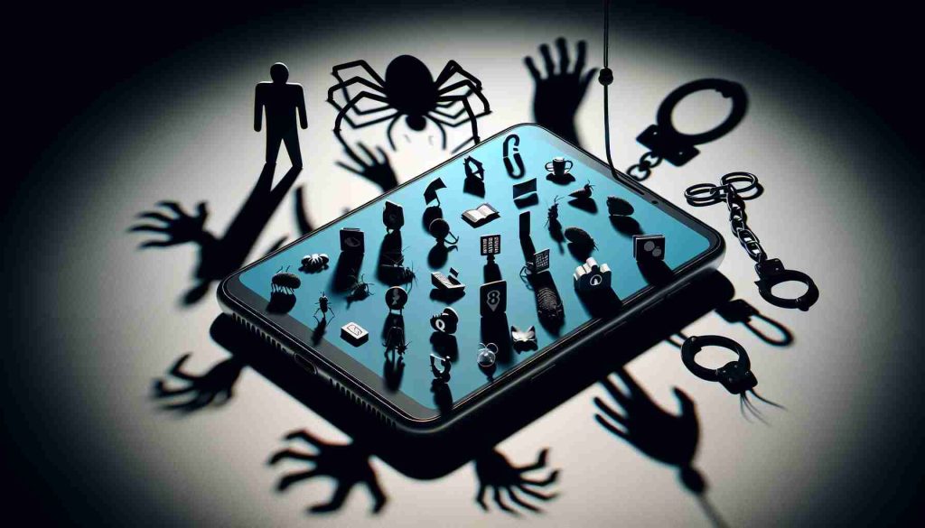 Realistically detailed, high-definition visualization representing the metaphorical dark side of cellphones, highlighting themes of privacy invasion and technology exploitation. Show the scene through a symbolic depiction, such as a cellular device casting a deep, ominous shadow full of various nefarious symbolic objects, like silhouettes of hands reaching towards private data, shackles symbolizing addiction, or bugs representing malware.