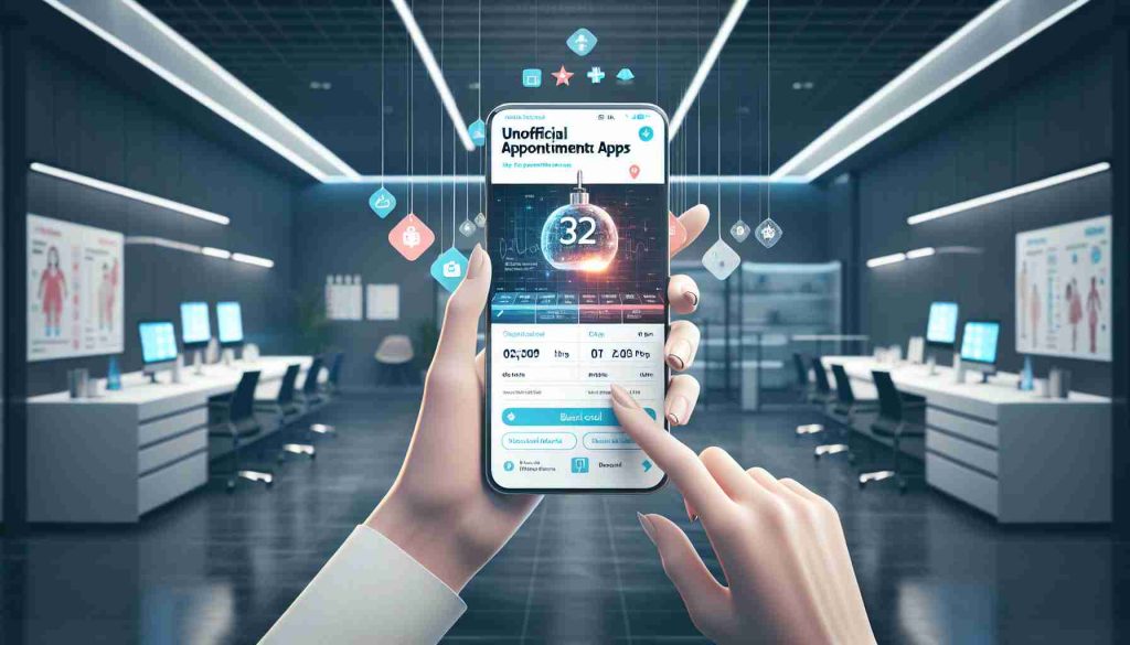 Generate a high-definition, realistic image depicting the concept of 'Unofficial Appointment Apps: The New Frontier of Healthcare Convenience'. The scene should feature a modern smartphone displaying an open app for booking medical appointments with two hands of a Caucasian female holding it. In the background, there are glimpses of a medical clinic or hospital. Inside the app, show a simplified user interface with options for choosing a doctor, picking a time slot, and booking a slot, all designed with user convenience in mind. On top, the title 'The New Frontier of Healthcare Convenience' can be read.
