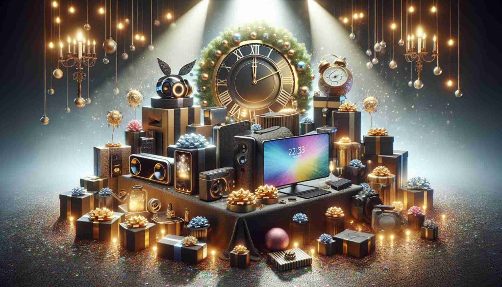 A realistic, high-definition image depicting the essence of a New Year's surprise from a generic electronics brand. The scene should include a table with an array of cutting-edge technology gear and gadgets neatly displayed and wrapped in festive decorations to signify the celebration of the New Year. Elements such as sparkling lights, a clock indicating midnight, party hats, and confetti should be included for the festive atmosphere.