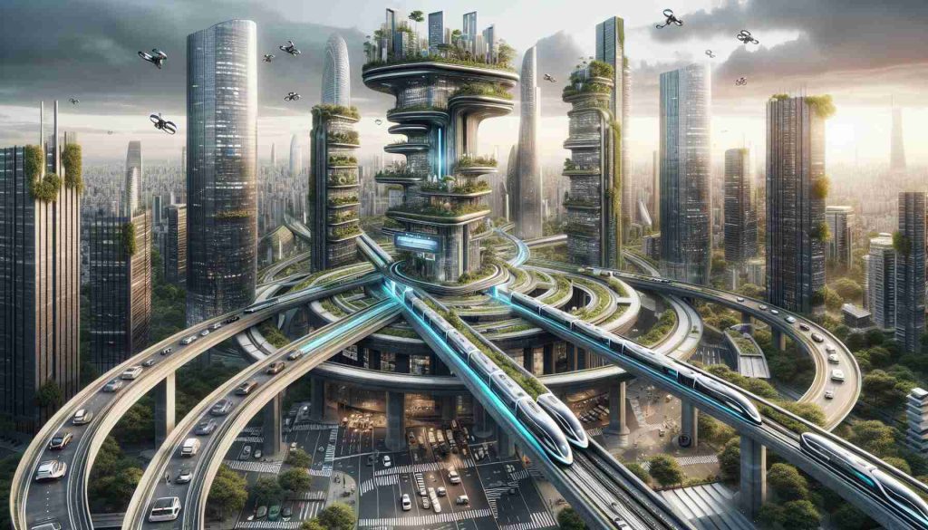 An extremely detailed and hyper-realistic high-definition image showcasing an innovative solution to urban congestion. In the centre, illustrate a futuristic public transportation system, featuring multiple levels of transit lanes for high-speed magnetic trains. Surrounding the transit hub, depict a well-planned urban landscape, filled with vertical gardens and skyscrapers. The city infrastructure incorporates eco-friendly elements like solar panels and wind turbines. On the ground level, illustrate pedestrian-friendly pathways, bicycle lanes, and electric vehicle-only roads. The sky is littered with drones, acting as an additional mode of transport. The whole scene showcases the pinnacle of urban planning, aiming to reduce traffic congestion.