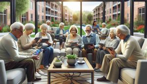 High definition realistic image portraying the rise of technology in senior living communities. The scene should feature a diversity of elderly individuals, of various genders and descent such as Caucasian, Hispanic, Black, Middle-Eastern, and South Asian. These individuals are comfortably utilizing various forms of technology such as tablets, wearable devices, and telehealth services. The environment is a modern senior housing community, well-lit and furnished with cozy furniture. Gardens are visible from the windows, highlighting a balance of nature and technology in these communities.