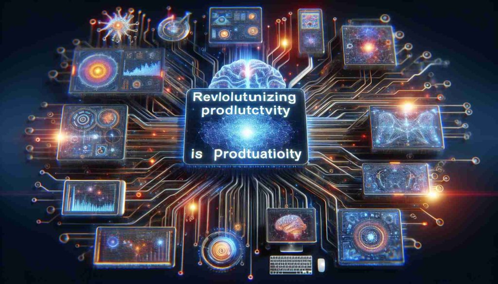 Render a high-definition image that illustrates the concept of revolutionizing productivity through cutting-edge AI innovations. It could show intricate artificial neural networks, futuristic devices, graphical user interfaces displaying advanced AI software, and data streams, representing the AI revolution in productivity.