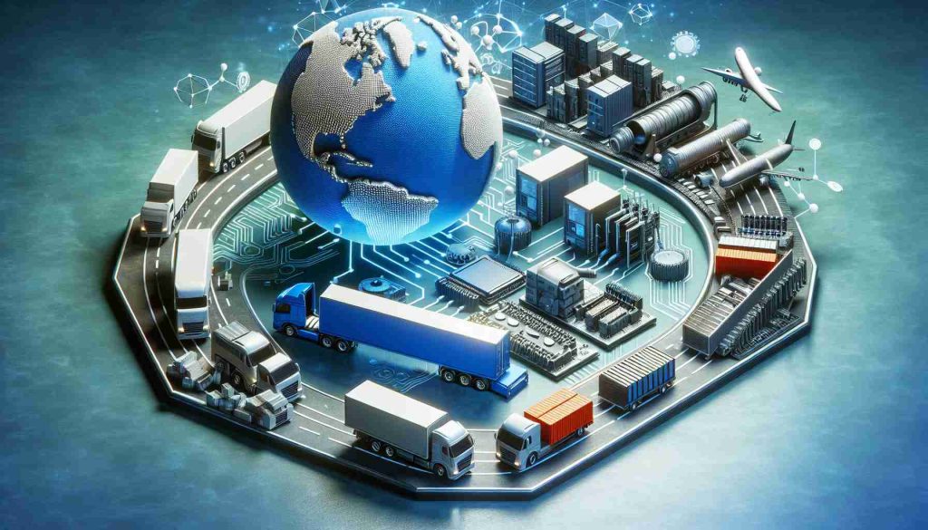 Realistic HD photo of a generic computer company's strategic shift in supply chain management, depicted symbolically. A detailed image of different components like the globe, transport vehicles, warehouses and computer parts being rearranged, signaling a change in strategy.