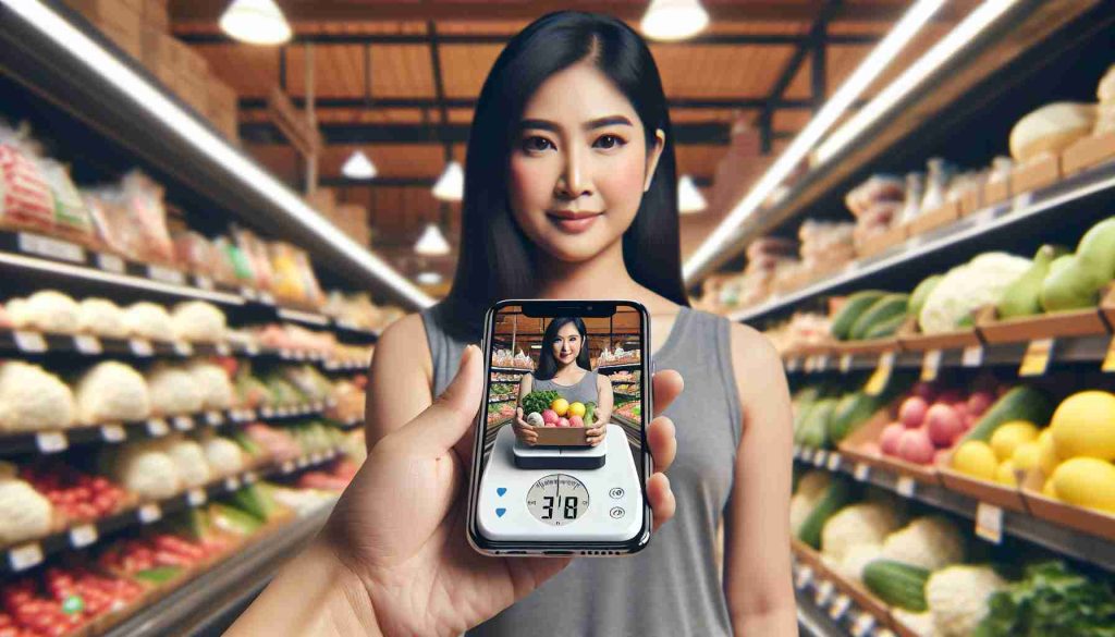 Generate a realistic HD image showcasing mobile weighing technology. The scenario captures the empowerment consumers derive from this technology. Show a South Asian female holding a compact digital weighing scale, using her smartphone to display the measured weight. The background features a well-lit grocery store aisle.