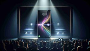 Generate a realistic, high-definition image of a ground-breaking new smartphone design being revealed. The phone should have a sleek, ultra-modern design with innovative features such as a borderless display, integrated camera and advanced biometric security features. The unveiling settings is at a tech product launch event with a dramatic lighting and a large screen showing the phone's key features.