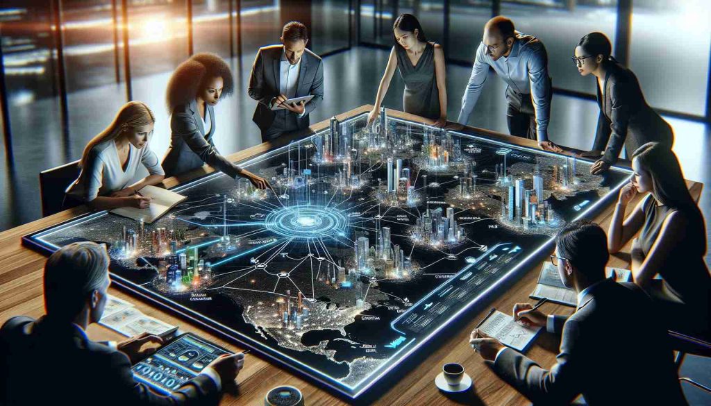 A highly detailed and realistic HD image portraying the metaphorical concept of navigating the new landscape of tech acquisitions. It features a diverse group of people examining a large, interactive digital map table displaying various tech companies and their connections. Among them, there is an African-American woman pointing at a part of the map, a South Asian man taking notes on a digital pad, and a Caucasian man watching the map intently. The setting takes place in a modern, sleek office environment echoing the cutting-edge nature of the tech industry.