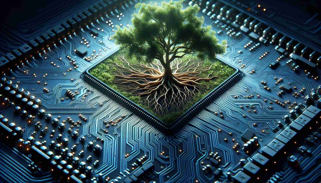 Create a high-definition image that illustrates the shift in technology, with a focus on innovation beyond superficial changes. This could be represented by a robust tree growing from a circuit board, symbolising the organic growth of technology. The roots of the tree can delve deep into the board, highlighting the depth of this innovation beyond surface level changes. The tree, with its varied branches and leaves, signify the spread and proliferation of technological advancement.