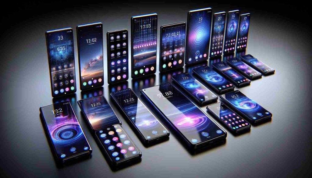 A detailed and realistic HD image of a fictional future lineup of smartphones, labeled as 'Galaxy S25', that are set to revolutionize the smartphone market. The lineup should display a variety of sizes and designs, featuring edge-to-edge displays, multiple rear camera setups, and sleek, futuristic aesthetics.