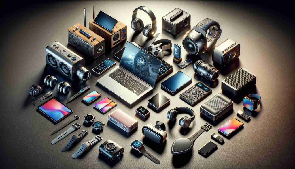 A realistic, high-definition image that showcases a selection of top technological gadgets, all priced under ₹25,000. The array should include a variety - laptops, headphones, smart watches, VR headsets, portable speakers and other such items. These gadgets are innovative in design, function, and quality and are perfect picks for budget-friendly tech enthusiasts.