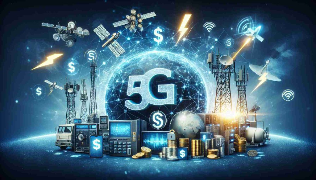 High definition realistic image representing the power and value of 5G technology. The scene can contain symbolic representations such as lightning bolts or high-speed icons, combined with dollar signs or other symbols of value. It could potentially also depict the global connectivity and fast transmission rates promoted by 5G using images of satellites, signal towers or a globe.