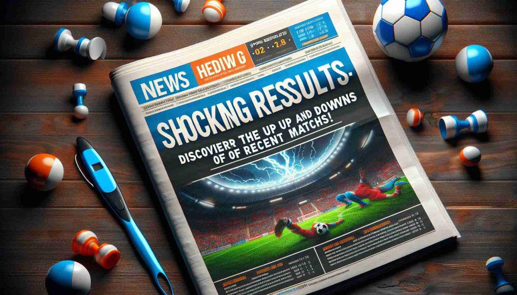 An HD realistic image of a sports news headline reading 'Shocking Results: Discover the Ups and Downs of Recent Matches!'. The image should show a newspaper spread with the text prominently displayed.