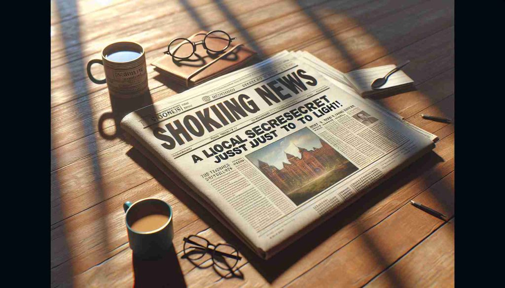 A high definition photo of a realistic scene depicting a newspaper with the headline 'Shocking News! A Local Secret Just Came to Light!' laid on a wooden table, with the morning sun casting soft, warm light on it. The newspaper is open, revealing several articles. A half-filled mug of steaming coffee and reading glasses are also situated on the table next to the newspaper.