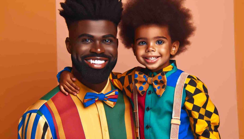 High definition, realistic picture of a well-groomed adult African American man bonding with his young son. The father and son duo is dressed in surprisingly vibrant and unconventional attire that is so unique it's hard to believe. Both are displaying their unique fashion sense, radiating happiness and love in their interaction.