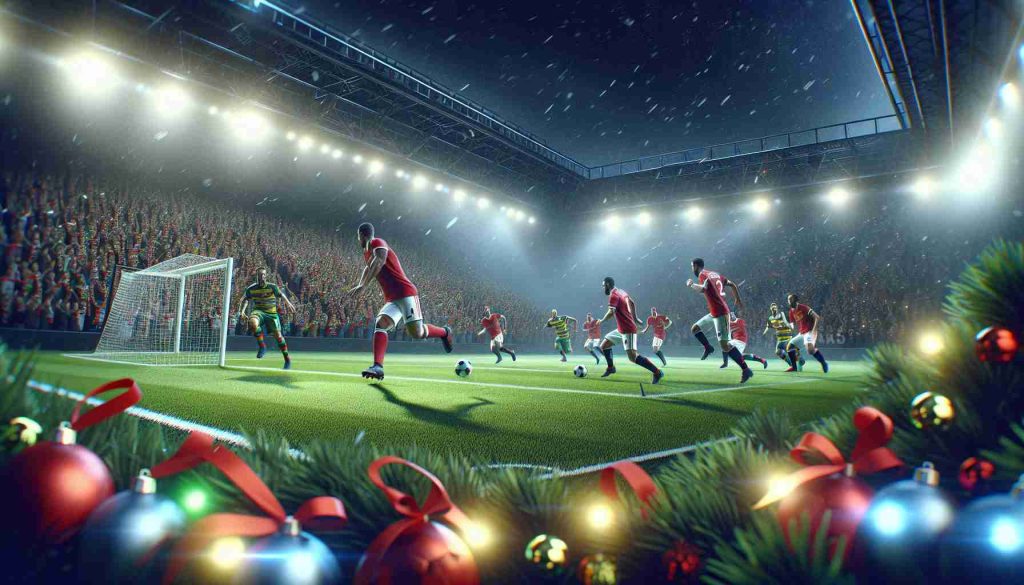 A high-definition, realistic image capturing a thrilling moment from a football match. The intensity and fast-paced action on the field is palpable, with players from both teams giving their all. The anticipation of upcoming holidays adds an element of festivity and excitement to the atmosphere. The crowd in the stands can be seen wearing various holiday-themed accessories, their enthusiasm reflecting their eagerness for both the match and the approaching festivities.