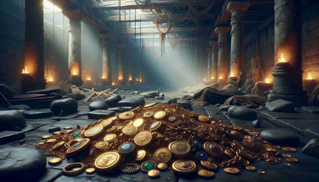 Create a high-definition, lifelike image of a scene showcasing ancient treasures - think gold coins, precious jewels, ornate artifacts - all scattered abundantly, possibly in an archaeological excavation site. The atmosphere should invoke a sense of sadness or loss of freedom, perhaps through deteriorating structures, broken chains, or dimly lit surroundings.