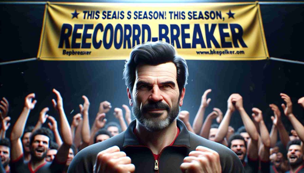 A hyper-realistic HD image of a triumphant soccer coach under the team banner declaring this season as a record-breaker. The coach is filled with pride and his face shows determination, relaying the sense of his team being unbeaten and unstoppable, without making reference to any specific team, person or league.