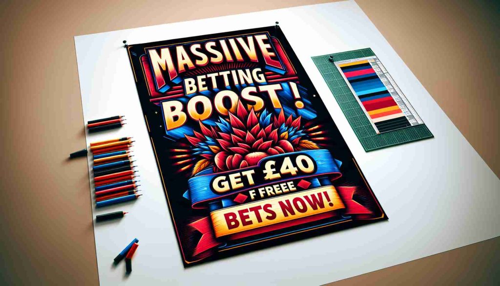 Create a detailed and realistic high-definition image of a promotional banner that reads, 'Massive Betting Boost! Get £40 in Free Bets Now!' The banner should evoke excitement and the thrill of betting, with vibrant colors and bold fonts capturing viewers' attention.