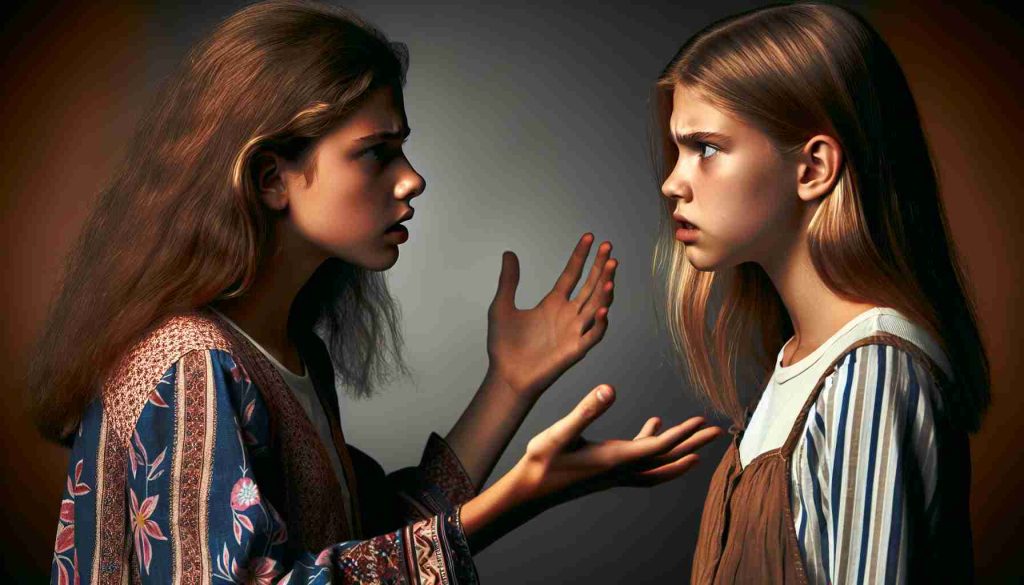 Create an intense, highly realistic image that portrays a dramatic scene of betrayal. In this scene, a young teenage girl with light brown hair and tanned skin accuses a second teenage girl, who has long blonde hair. Both girls display strong emotions, showing signs of an argument and feelings of betrayal. This should replicate the high energy and tension found in reality television programs.