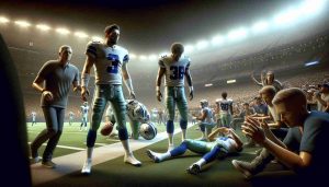 Display a realistic, high definition image of a dramatic moment in a football game. One of the key players of the Cowboys team got sidelined due to an unexpected event, leaving the audience in shock. The remaining team players are unsure about their game recovery. Some are visibly worried, others are trying to regroup and plan their next move. The atmosphere is tense, and the excitement of the spectators can be felt in the air.