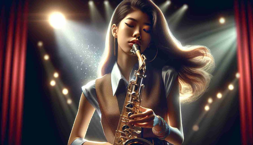 Realistic high definition image of a young female jazz prodigy captivating audiences universally with her unique sound. Visualize her in the middle of a performance, showing immense passion and dedication. Her instrument of choice is a shiny saxophone. She is South Asian in descent, wearing a retro style outfit often associated with jazz performers, with spotlight illuminating her on a well-decorated stage. The scene is vibrant, filled with energy and echoes her charisma.