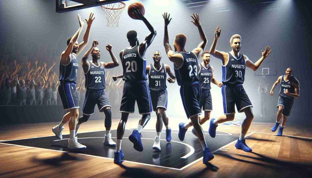 Realistic high-definition image of an exhilarating basketball match, where the dark blue team representing the metaphorical 'Nuggets' have a triumphant victory against their rival team, indicated as 'Kings', dressed in white. They celebrate at the end of the complex and thrilling game, showing distinct emotions of determination and triumph, with the basketball court evident in the background.