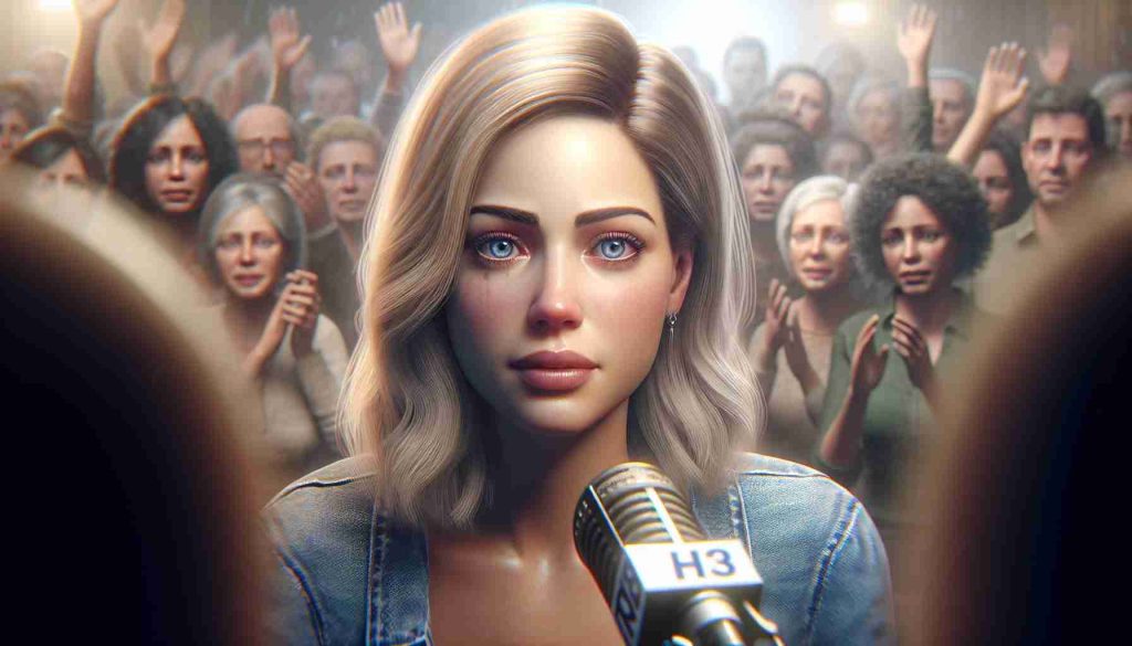 Realistic HD photo depicting an emotional farewell scene. A notable female radio presenter with blonde hair and blue eyes, is saying a heartfelt goodbye. The environment around her is filled with emotions, sadness mixed with sweet farewells, and her expressions are deeply touched.