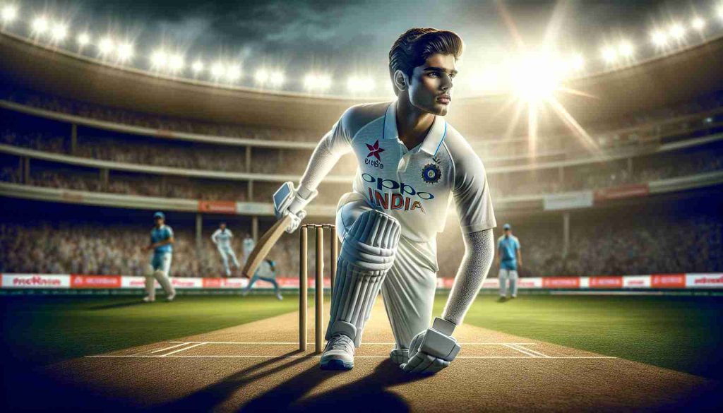 Realistic full HD image of a young and talented cricket player, hailing from India, shining brightly under the sunlit stadium. He is poised within the center of a cricket field, ready to take his shot and potentially turn the tide in a critical series match.