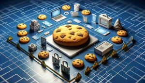 Visualize a realistic HD image symbolizing the concept of cookies as they relate to internet privacy. Imagine multiple internet cookies illustrated as tangible objects spreading across various digital devices. These devices, which may include a laptop, mobile phone, and tablet, have security shields denoting the importance of privacy protection. Also, incorporate elements in the image to suggest warning or caution, such as caution tape or alert signs.