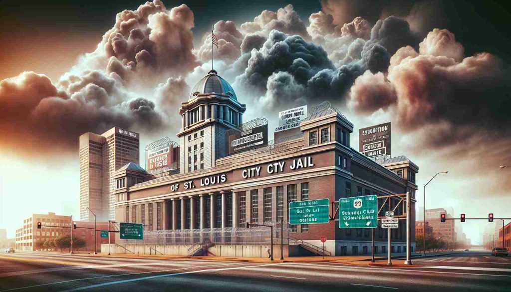 High definition realistic illustration of a building which represents the St. Louis City Jail, under dramatic cloudy sky indicating a tense atmosphere. Signages and banners implying under scrutiny and announcements of major changes ahead. Urban setting with the hustle and bustle of the city in the background.