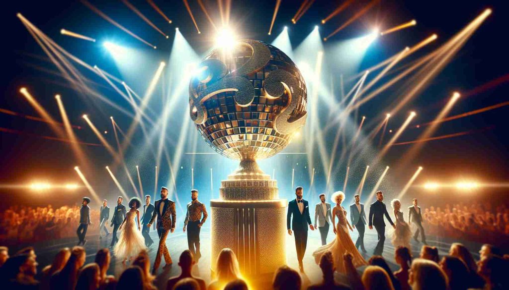 High-definition photo showing an array of amazing performances on stage. Several participants showing exceptional skills, vying to win the coveted Glitterball Trophy. Stage is brightly lit with colorful lights, adding to the excitement and anticipation of the crowd.