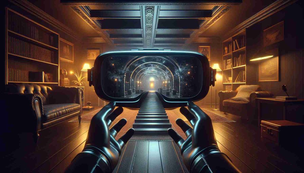 Generate a realistic, high-definition image of a virtual reality experience titled 'Step into the Darkness'. The scene should depict a perspective as if one is about to embark on a journey into a mysterious, dark unknown, possibly evoking sensations of both excitement and apprehension. The image should clearly showcase the VR headset and perhaps the interactive digital interface, indicating the transition from the physical world to the virtual environment. Surroundings can be dimly lit to enhance the illusion of stepping into darkness.