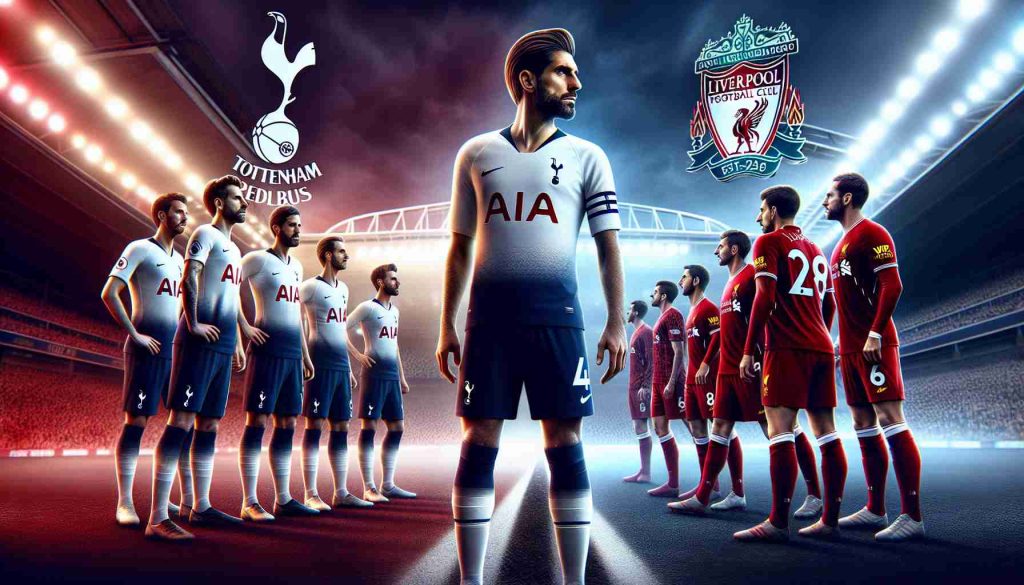 Realistic, high-definition graphic representation of a football match between two well-known English clubs. On one side, a team in white and navy attire symbolizing Tottenham, displaying a calm yet focused demeanor. On the other side, Liverpool, known for their iconic red uniforms, preparing for the game aggressively. The atmosphere is filled with suspense, evoking anticipation about the match's unpredictable outcome.