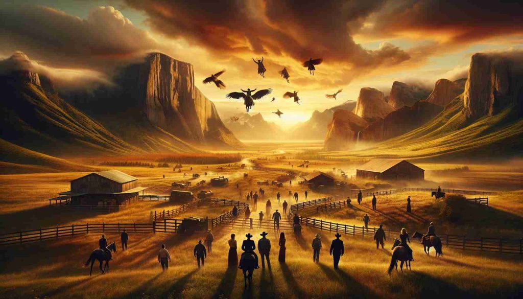 A high-definition, realistic representation of a surprising scene from a dramatic television series set in a sprawling ranch. Episode 14 brings with it shocking twists that change the course of the prominent ranching family's legacy, bringing a sense of finality and closure. The landscape is bathed in the golden hues of sunset as the characters come to terms with their fates, imbuing the image with a palpable sense of urgency and suspense.