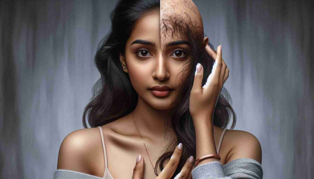 Realistic HD photo of a South Asian woman revealing her journey with Alopecia. Visual representation of a compelling and unexpected story.