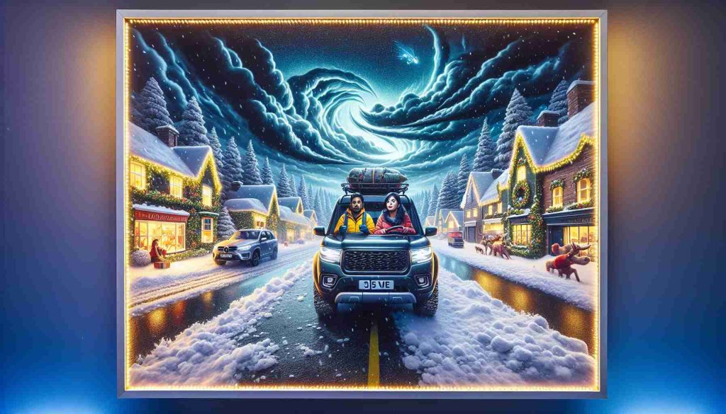 A high-definition photo display capturing the essence of unpredictable weather during the Christmas season. The image portrays a snowy landscape with Christmas lights twinkling on houses and trees. In the middle, there's a road diligently maintained for safety, with a couple of vehicles equipped with winter tires. The drivers inside, a South Asian woman and a Dark-skinned man, eagerly prepare for their festive travels. The sky roils with a blend of dark clouds and clear stars, showcasing nature's capricious winter mood. The whole scene implies a message: 'Stay Safe on the Roads this Christmas!'