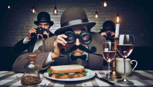 Create a high-definition, realistic image that represents a funny spy adventure. This could include comedic elements, such as a spy 'in disguise' wearing an oversized mustache and a bowler hat, trying to blend in at a fancy party. Perhaps some exaggerated spy gear, like oversized binoculars or a sandwich which is actually a cleverly disguised radio. The overall atmosphere should feel whimsical and light-hearted, eliciting a sense of humor and adventure.